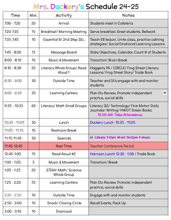 Dockery Classroom Schedule