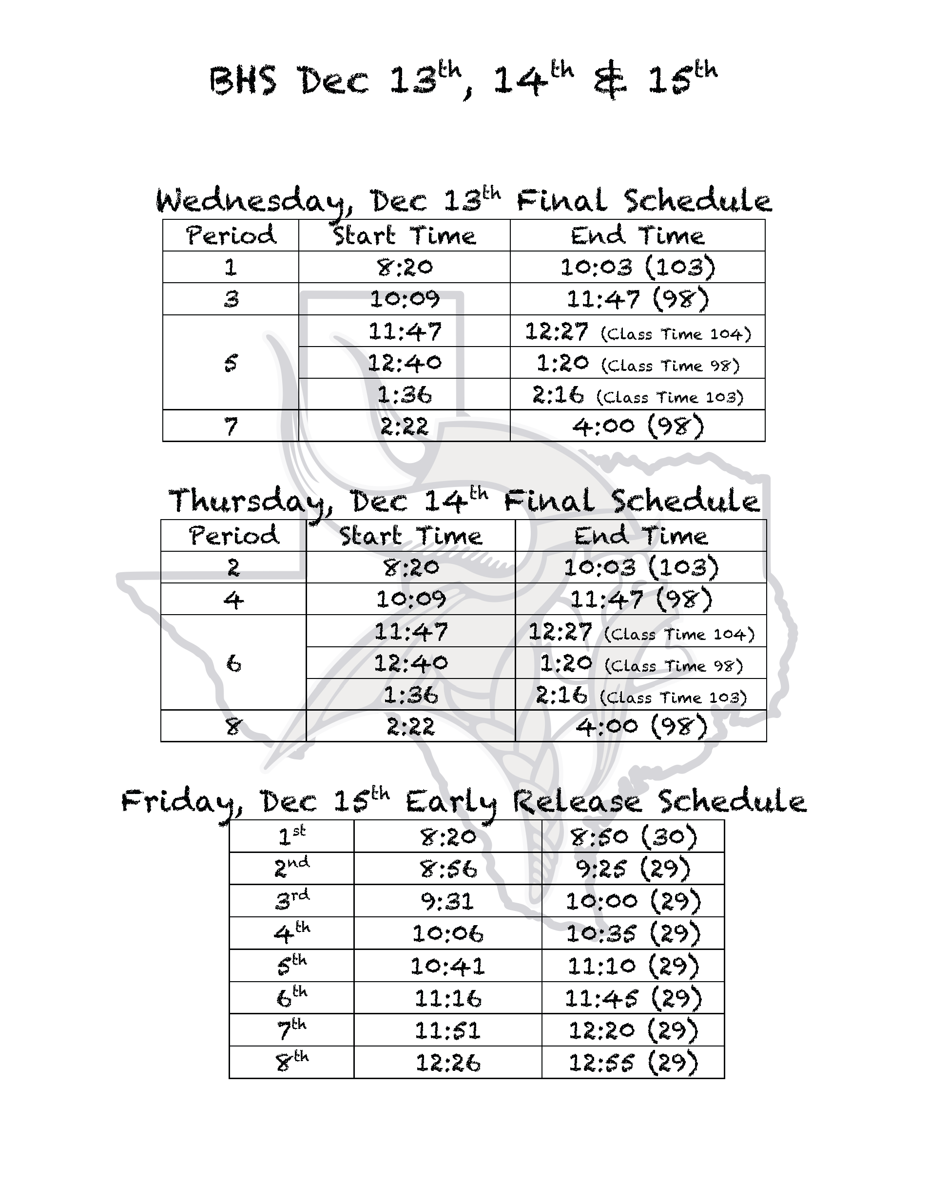 finals schedule