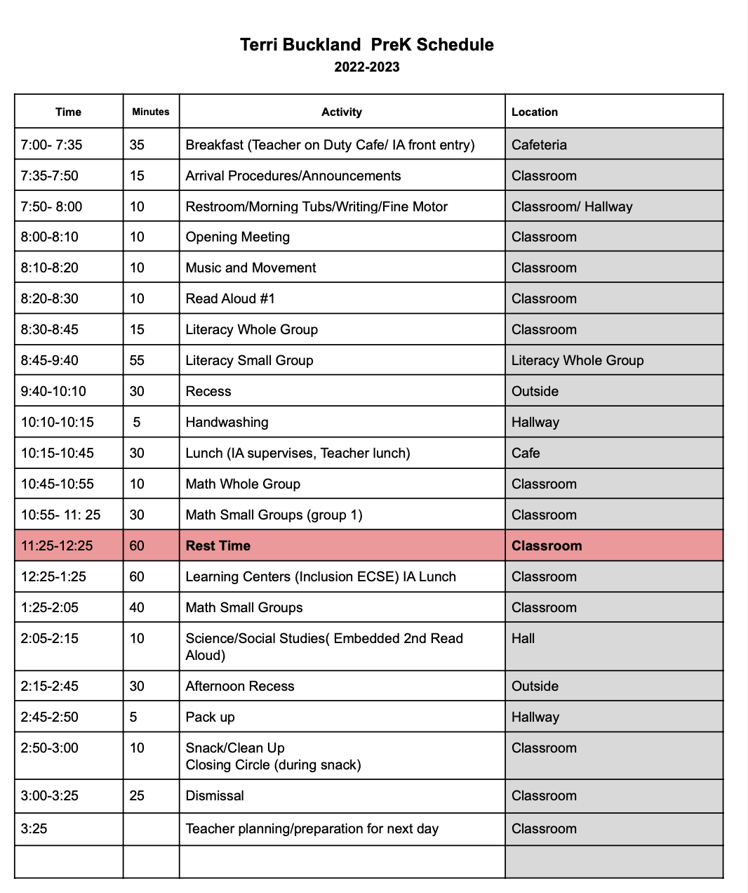 Buckland PK Schedule