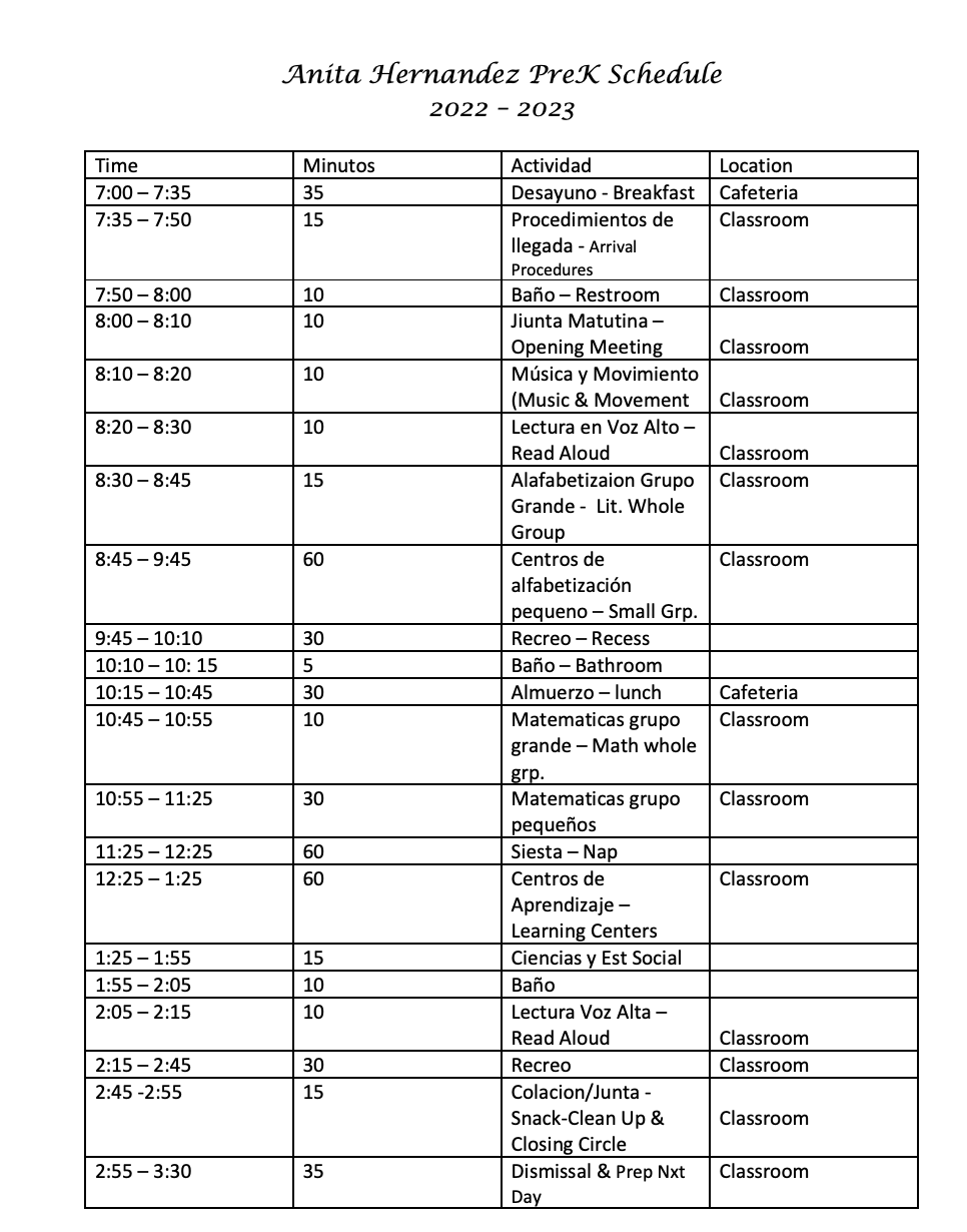 Anita Hernandez Pre-K Schedule