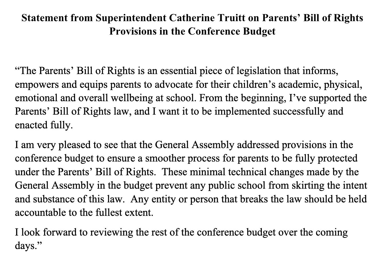 NC Superintendent Catherine Truitt statement on Parent Bill of Rights Provisions