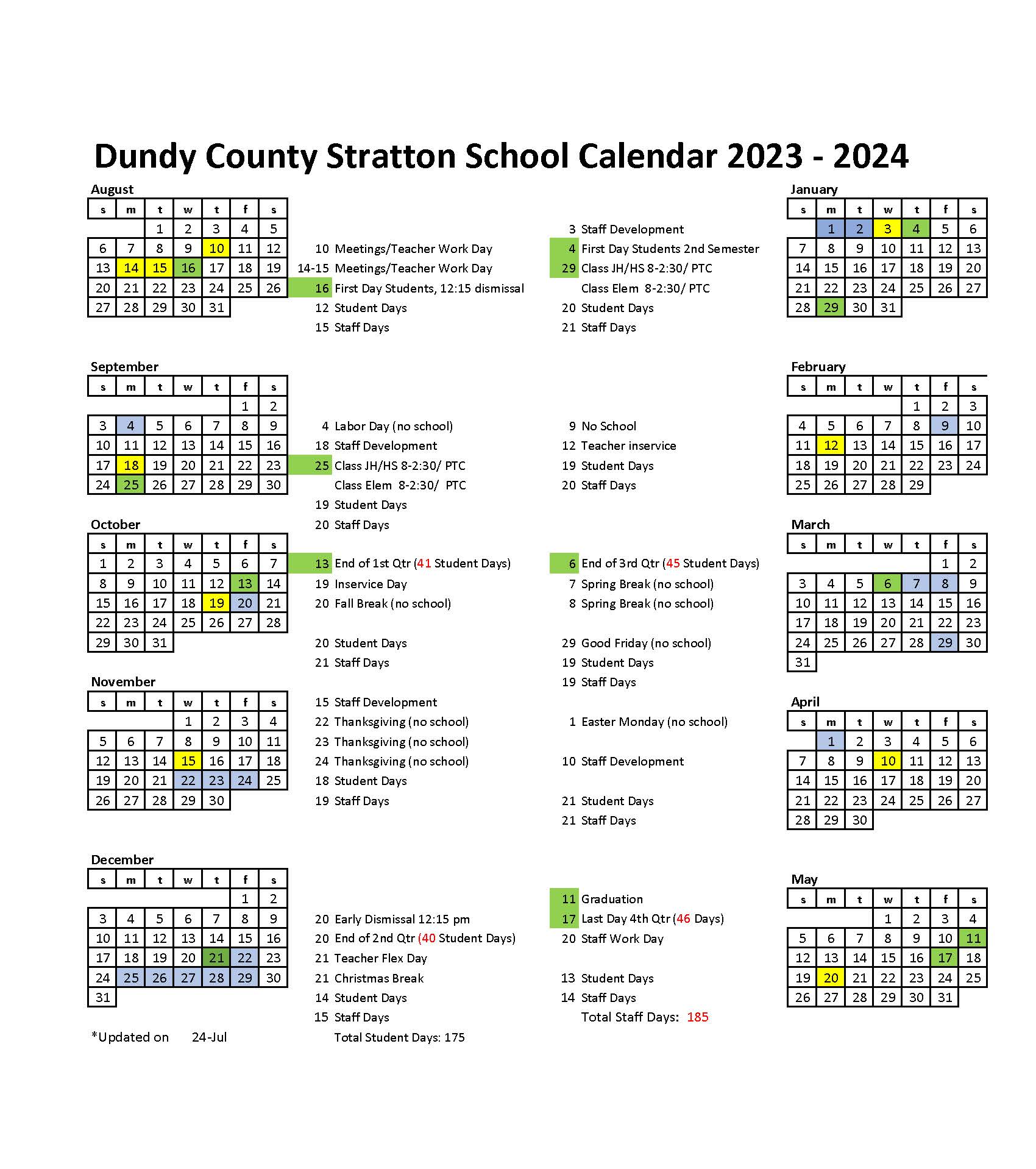 School Year Calendar Dundy County Stratton Schools