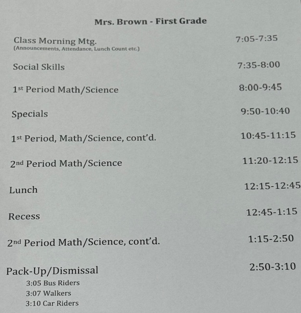 First Grade Daily Schedule