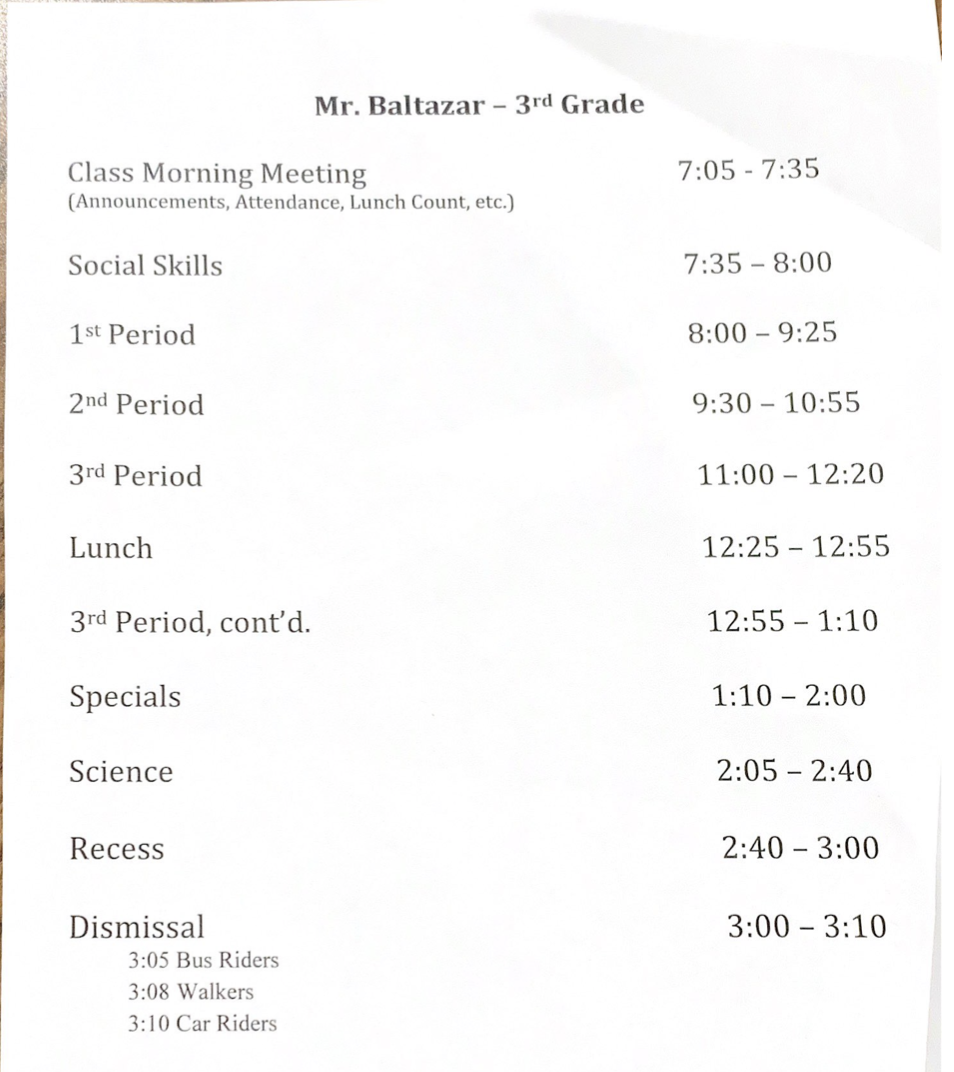 Class schedule  