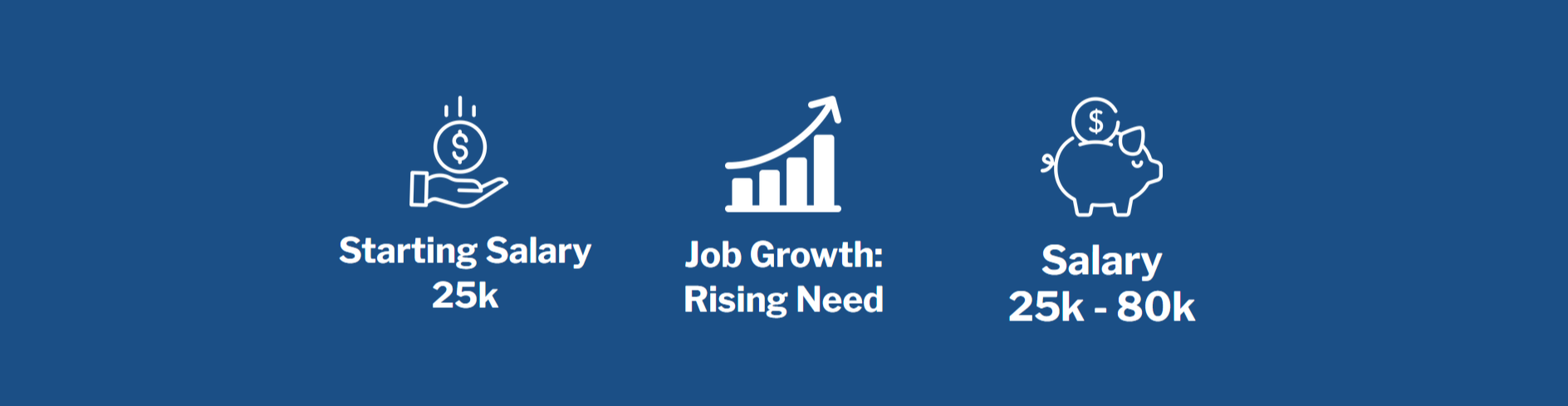 Starting Salary ​25k graph upward Picture Job Growth: Rising Need piggy bank Picture Salary 25k - 80k