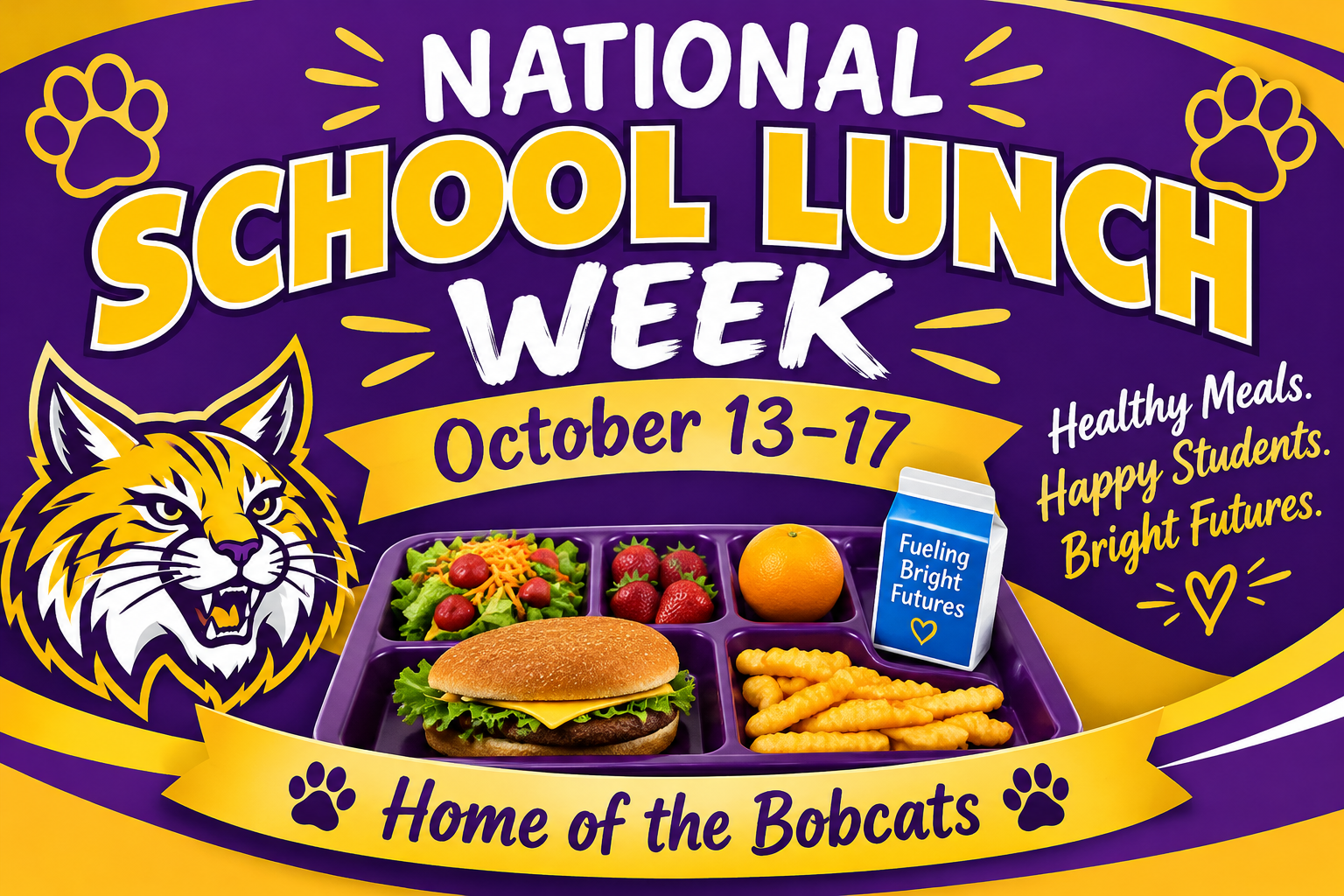 Sign showing a cafeteria tray in celebration of national school lunch week oct 13-17