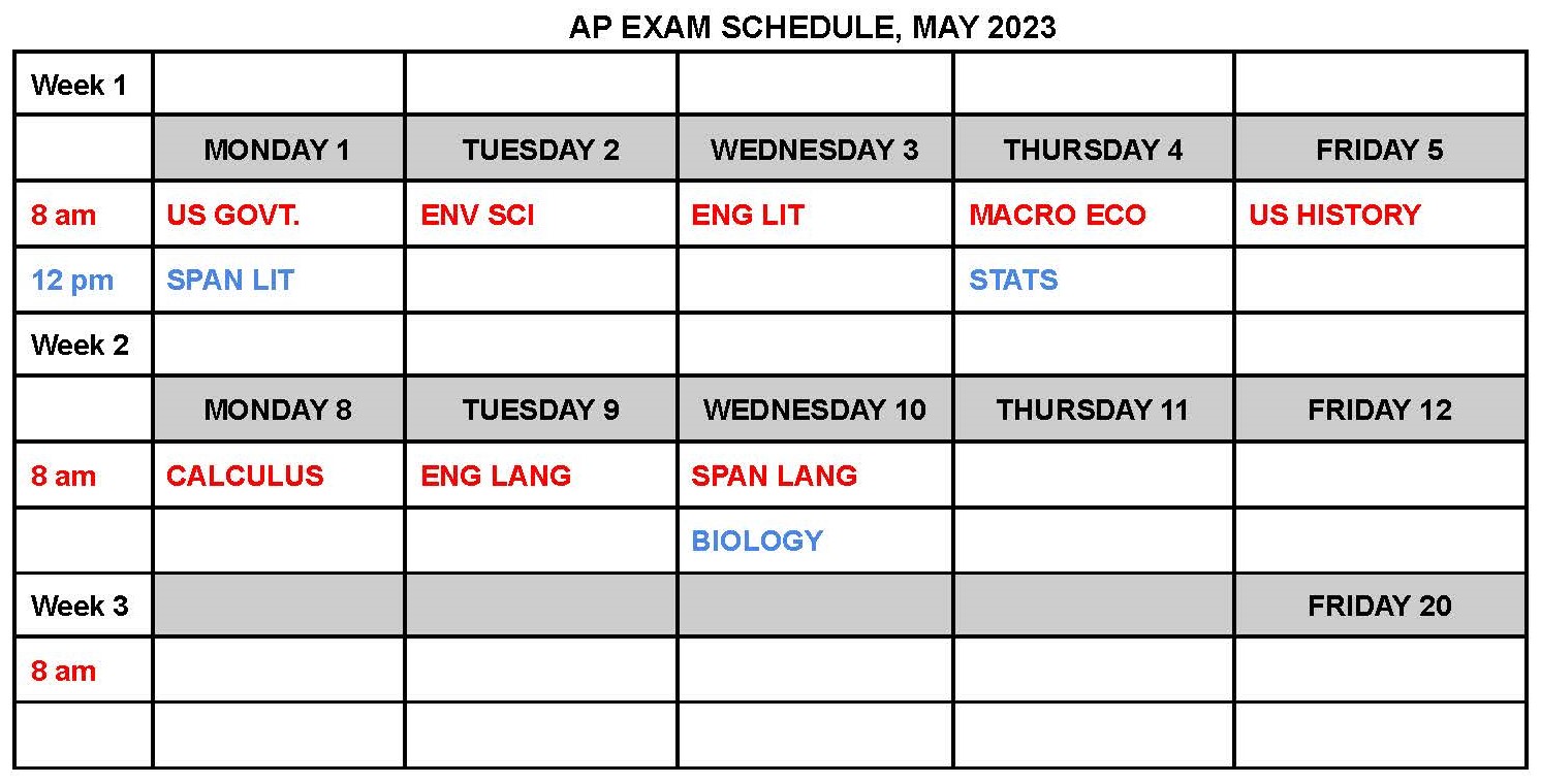 VVHS 2023 AP Exam Schedule