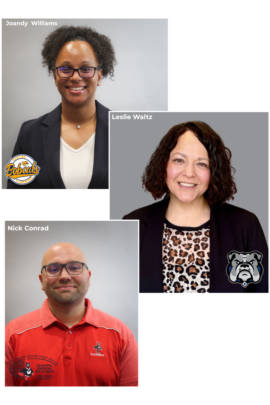 Four individuals in separate photos, each with different attire and expressions. Two women and two men, smiling for the camera.