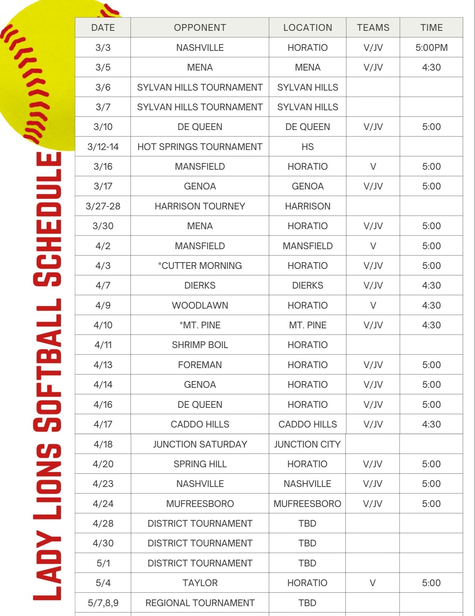 Softball Schedule