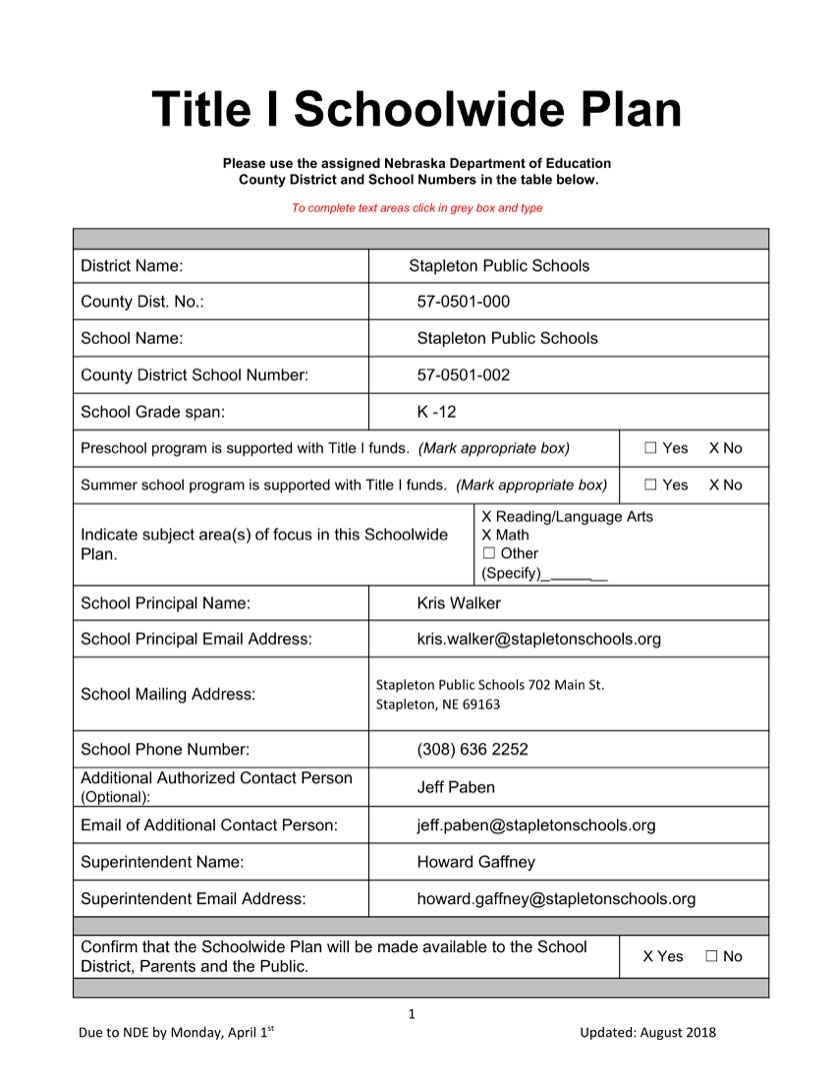 Title 1 Schoolwide Plan Stapleton Public Schools