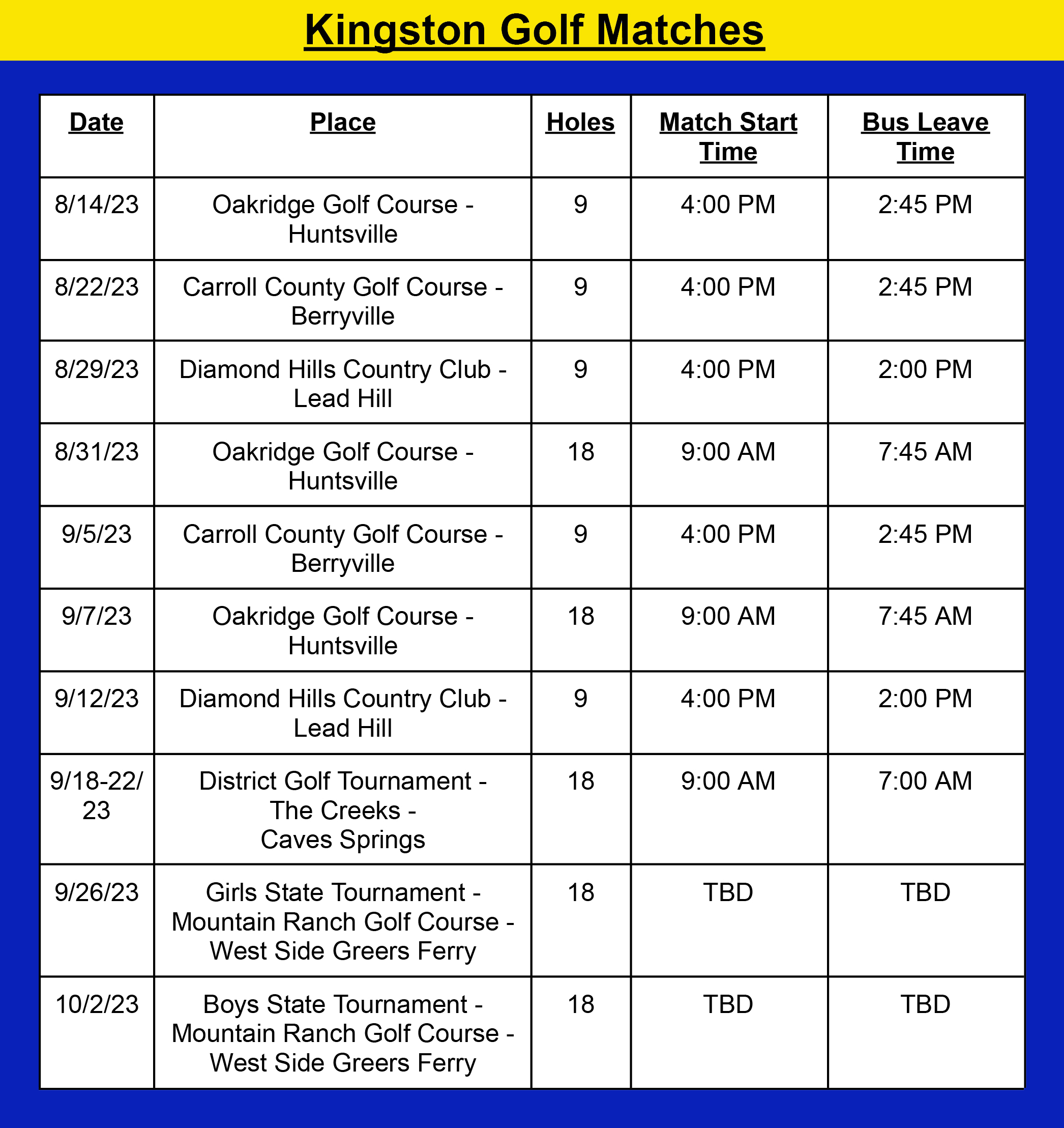 Kingston Golf Schedule