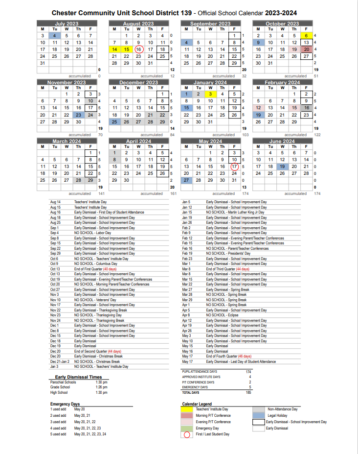 District Calendar Chester Community School District 139