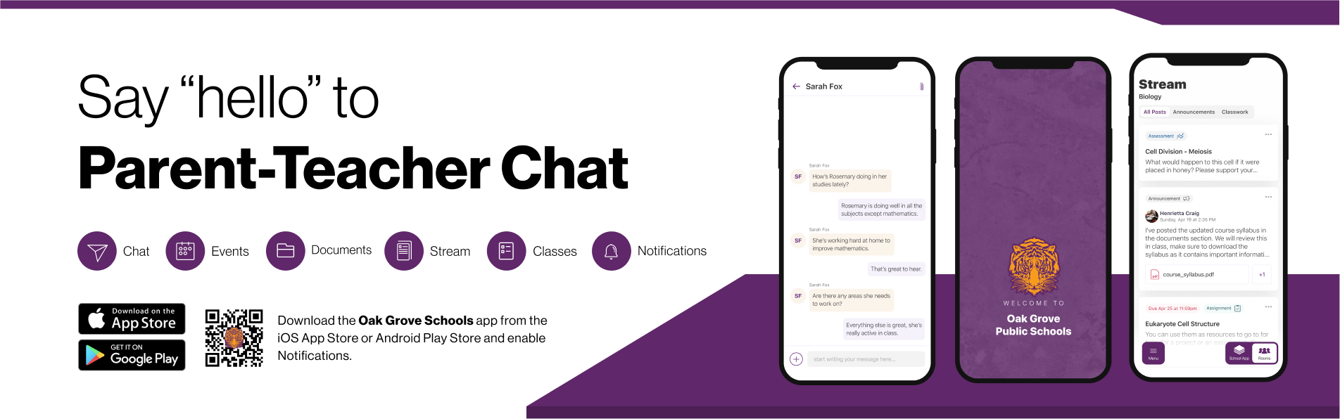 Say hello to Parent-Teacher chat in the new Rooms app. Download the Oak Grove Public Schools app in the Google Play or Apple App store.