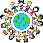 A graphic of children holding hands around the world