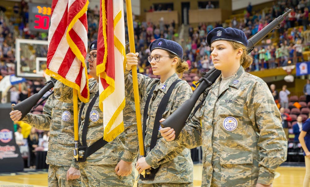 JROTC cadets perform the presentation of colors at the 2019 Southern Conference basketball tournament.