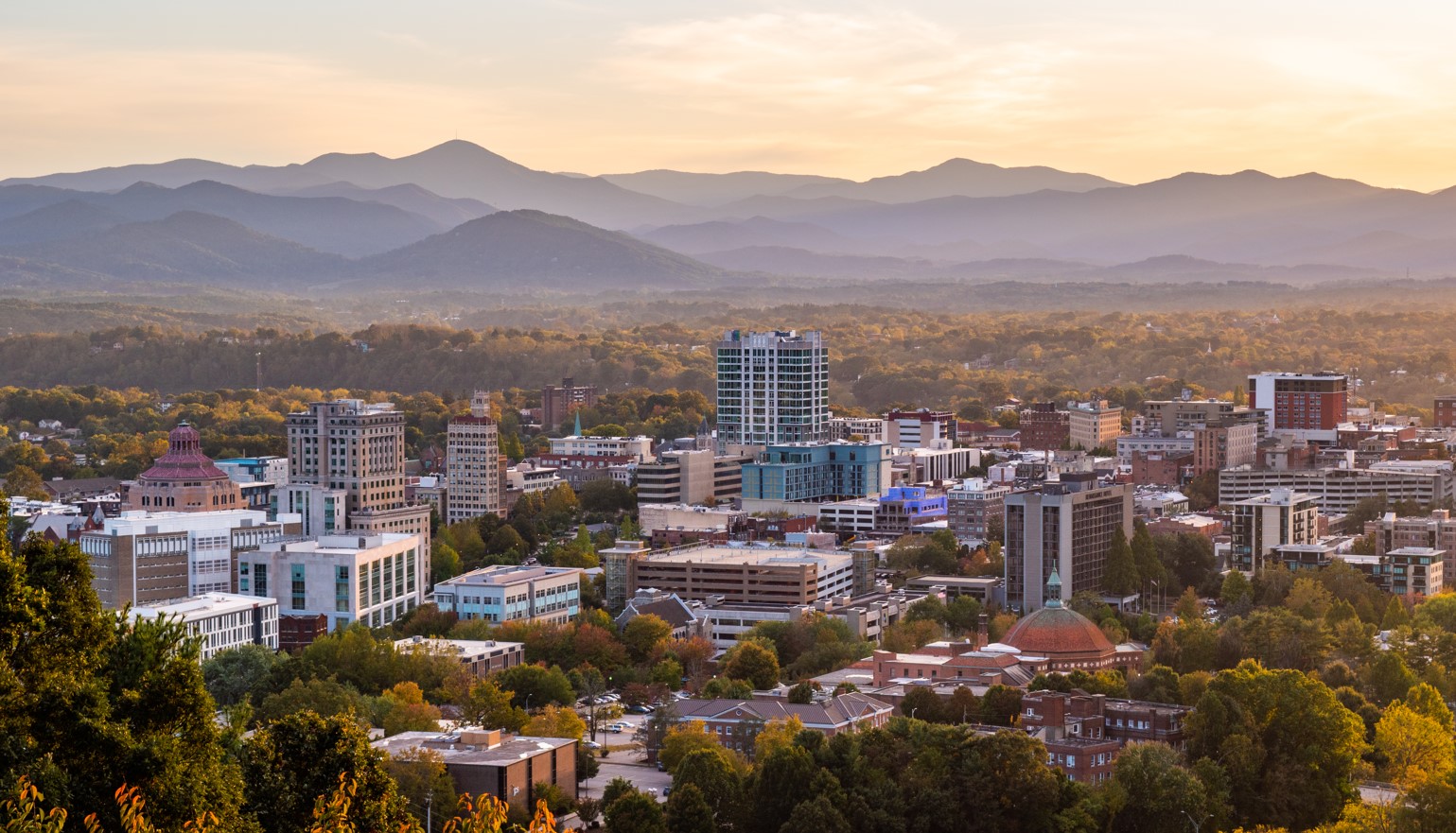 Downtown Asheville with the Blue Ridge Mountains in the background