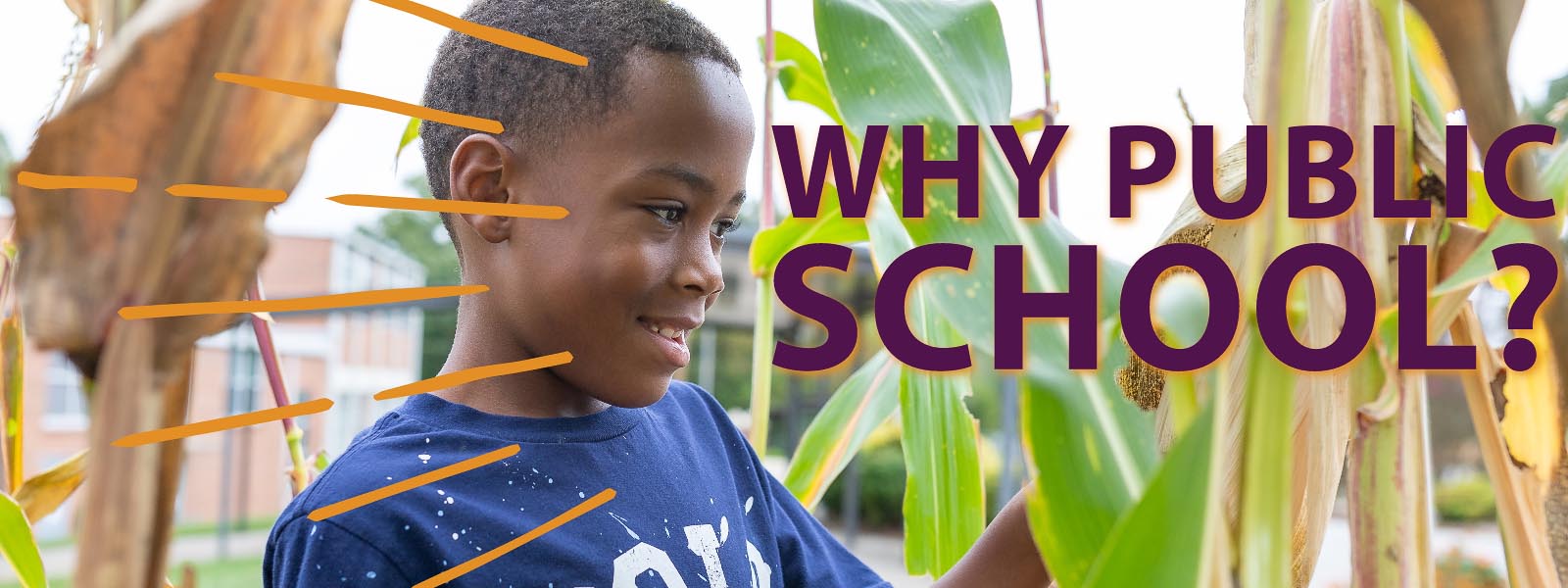 Student smiling next to corn stalk. Text says "why public schools?"