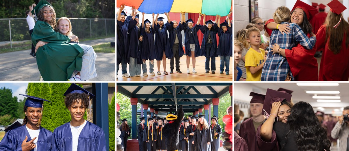 A collage of six photos showing graduates.