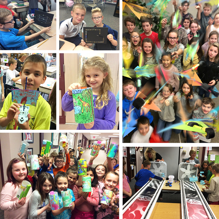 Photos of various students working on STEM projects at the Elementary School