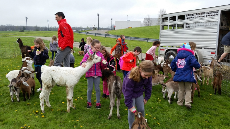 Elementary students petting animals at a mobile zoo on campus