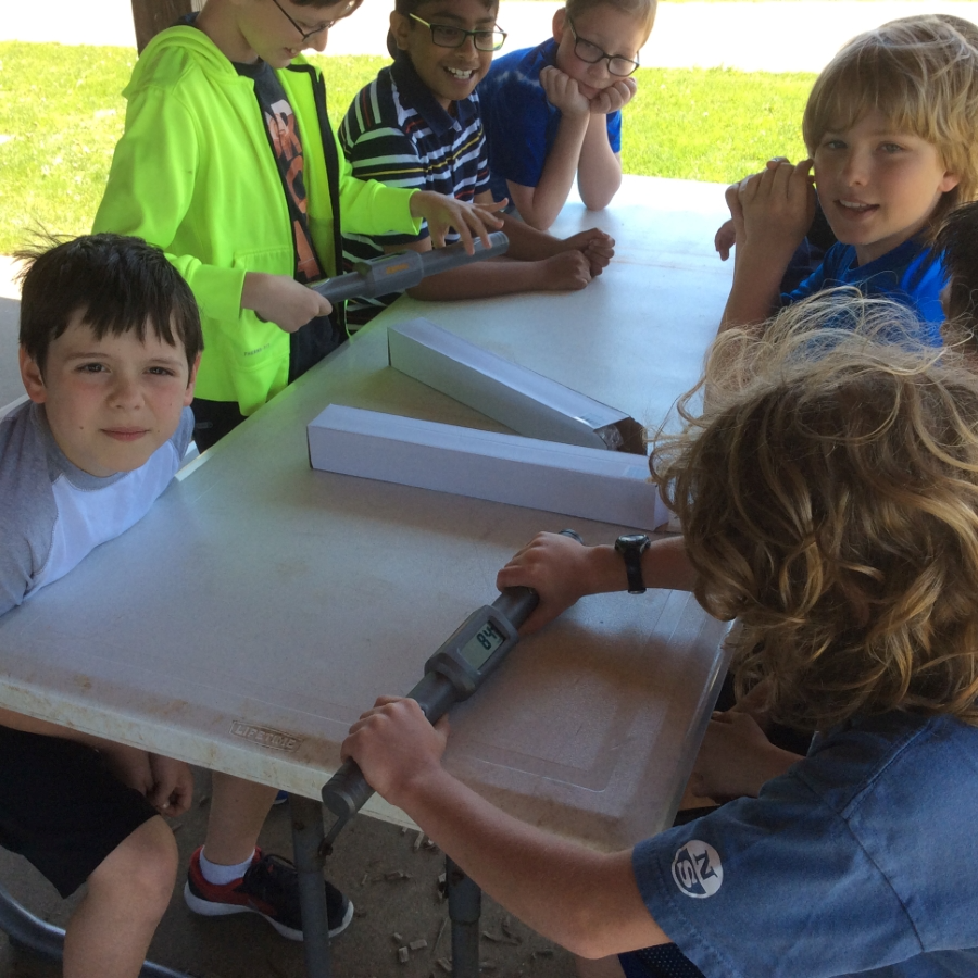 Elementary students working on projects outside