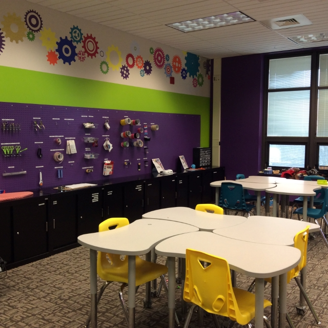 Photo showing off the new makerspace area with tools and tables