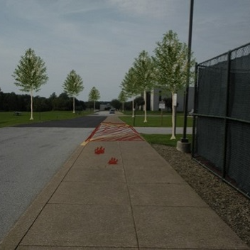 Trail Marker with red paws on the sidewalk