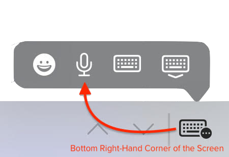Tapping on the Keyboard icon reveals the Dictation button.