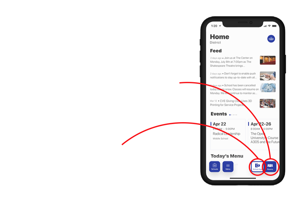 Escondido Union School District footer mobile ad showing the app on an iPhone and providing a QR code that links to the Apple Appstore.