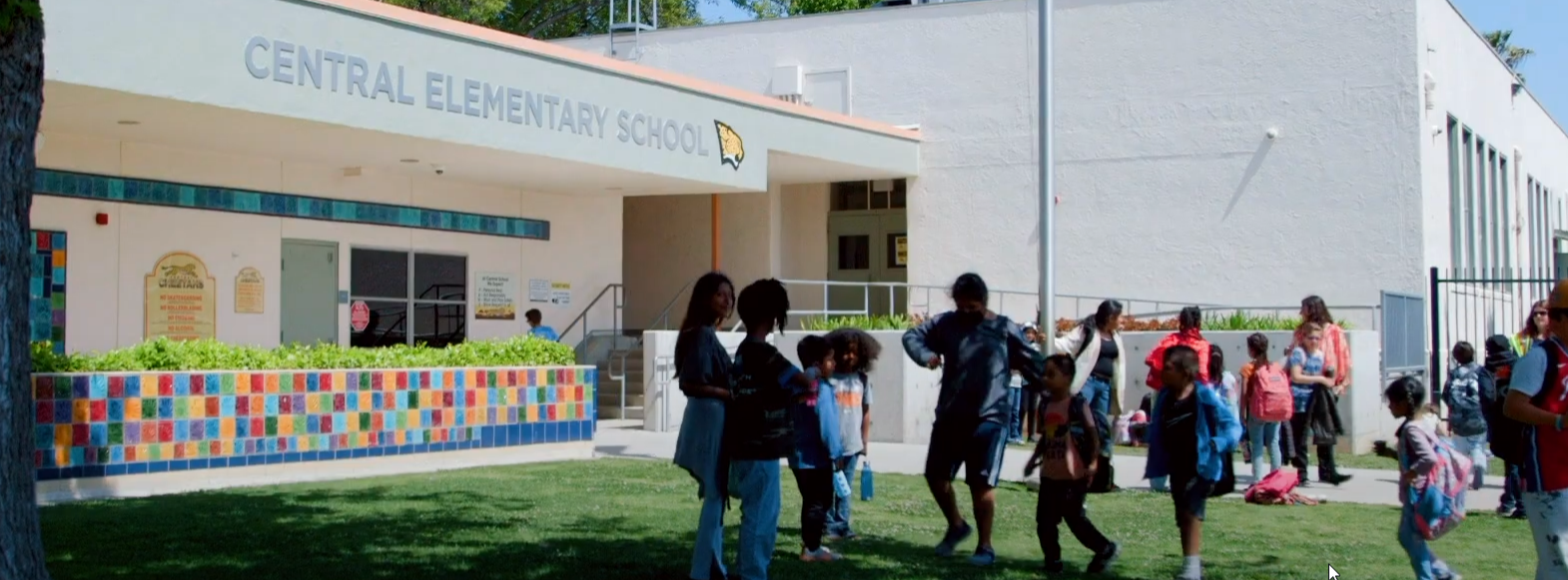 Central Elementary front entrance with students congregating