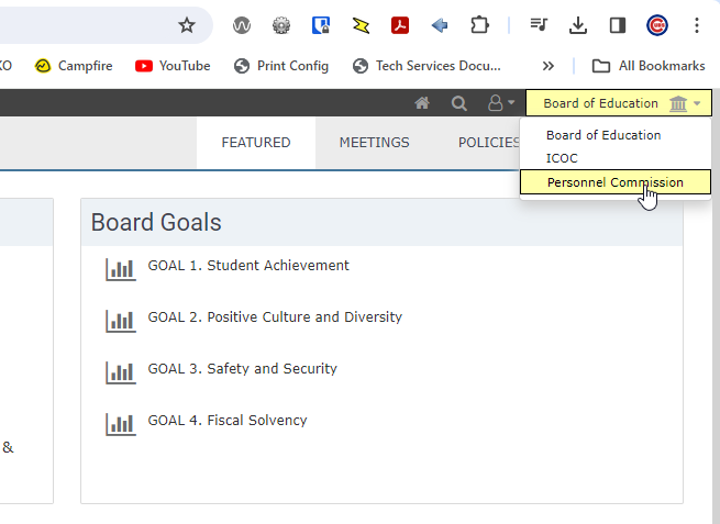 Screenshot demonstrating to click the Board of Education dropdown menu in the top right corner of the screen and choosing Personnel Commission.