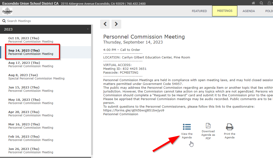 Screenshot showing the View Agenda link for the Personnel Commision.
