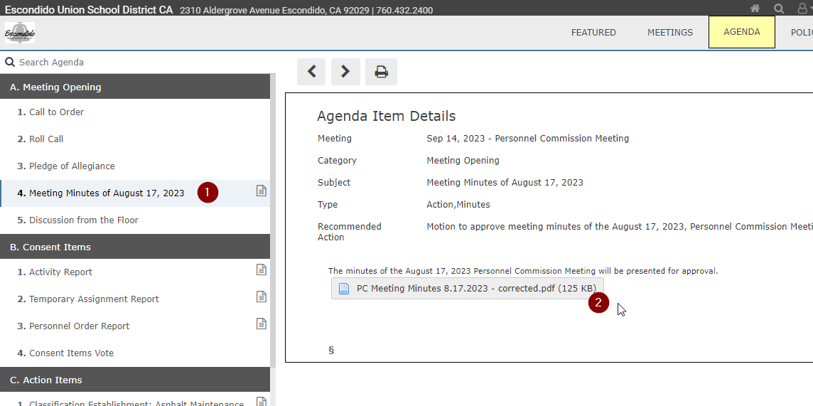Screenshot showing to click on the Meeting Minutes item and then clicking the file to download.