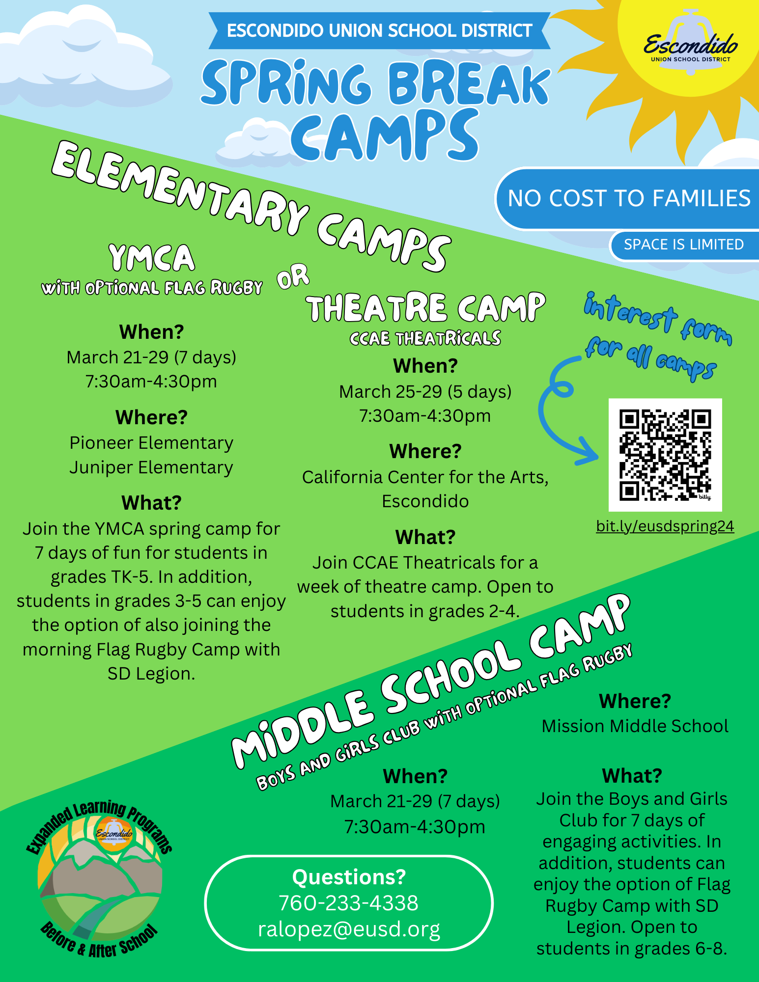 spring break camp flyer sharing the information included on the webpage such as the dates, times, and a brief explanation of each program