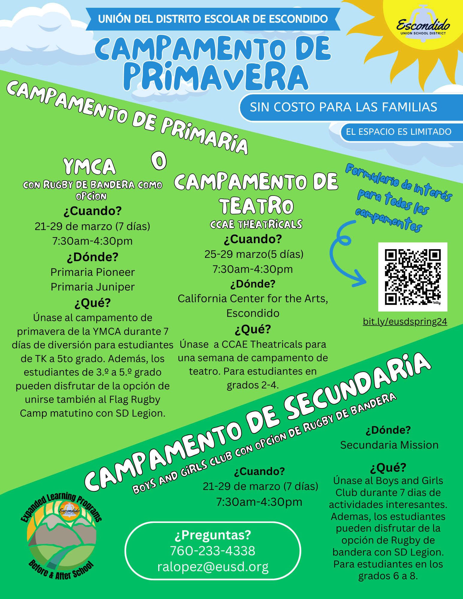 Spanish version of spring break camp flyer sharing the information included on the webpage such as the dates, times, and a brief explanation of each program
