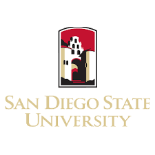 A red and gold logo of a building with the text "San Diego State University."