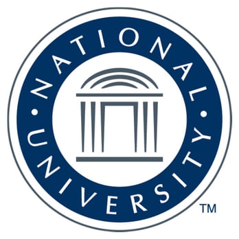 A circular logo of a building with the text "National University."
