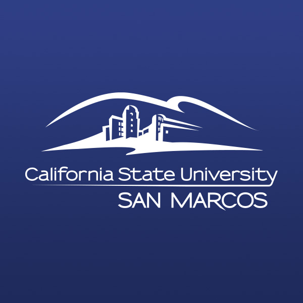 A logo containing hills and buildings with text "California State University San Marcos."