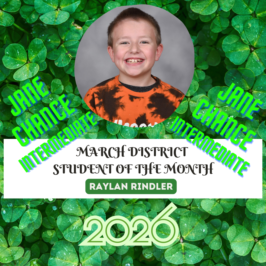 A circular photo of a smiling boy set against a green shamrock background with text reading "March District Student of the Month Raylan Rindler 2020".