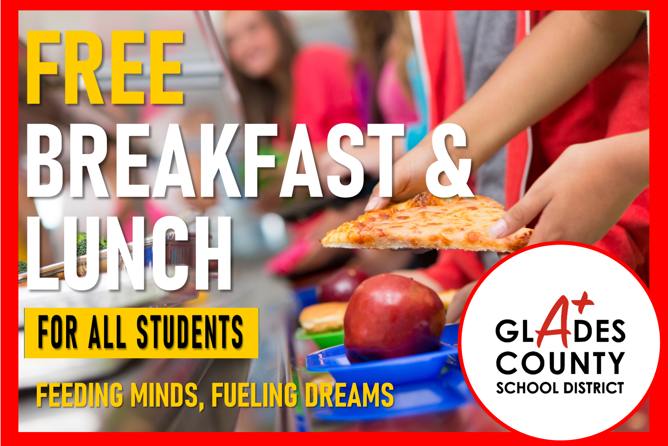 students in line for lunch pictured on a flyer for free lunch and breakfast for all students