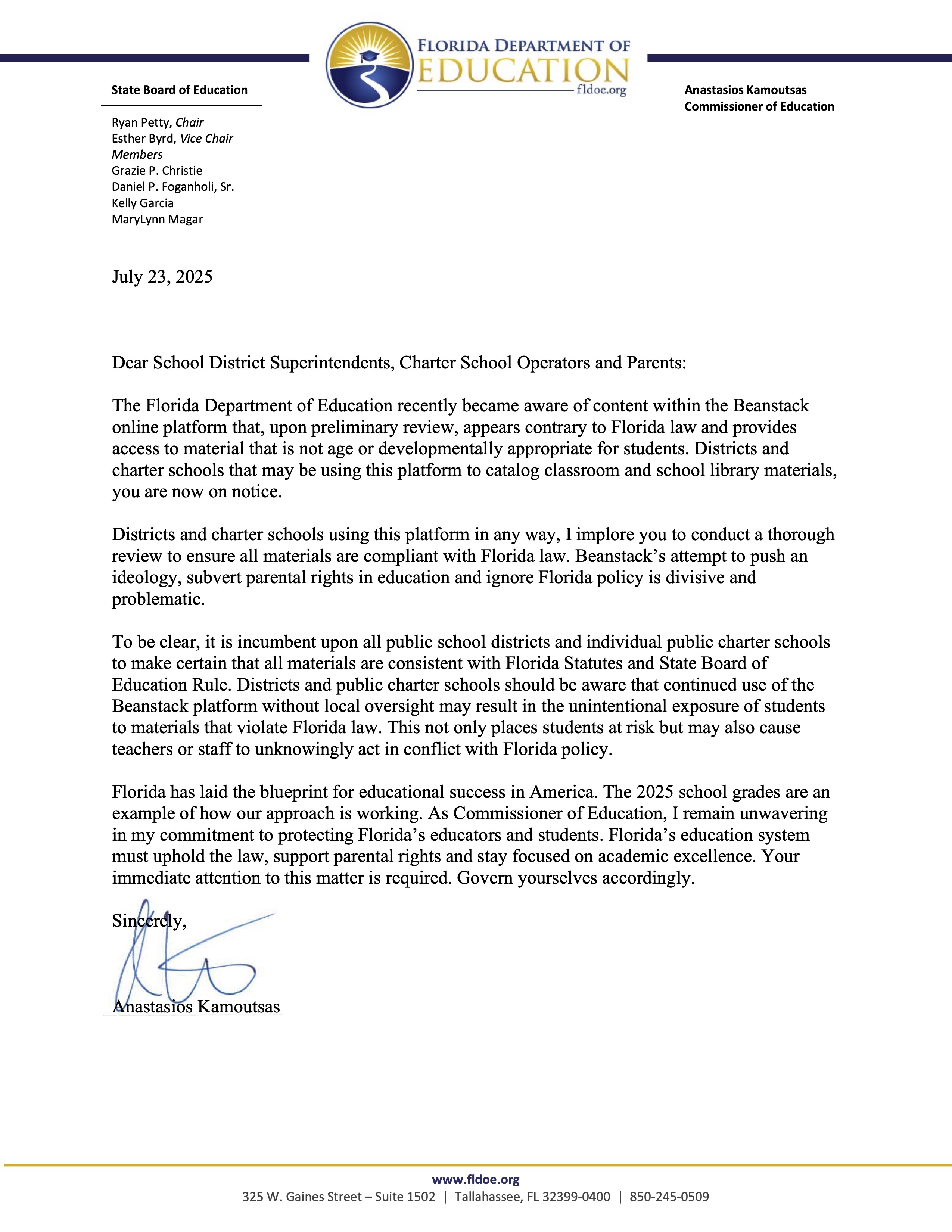 Student Platform Notification Letter