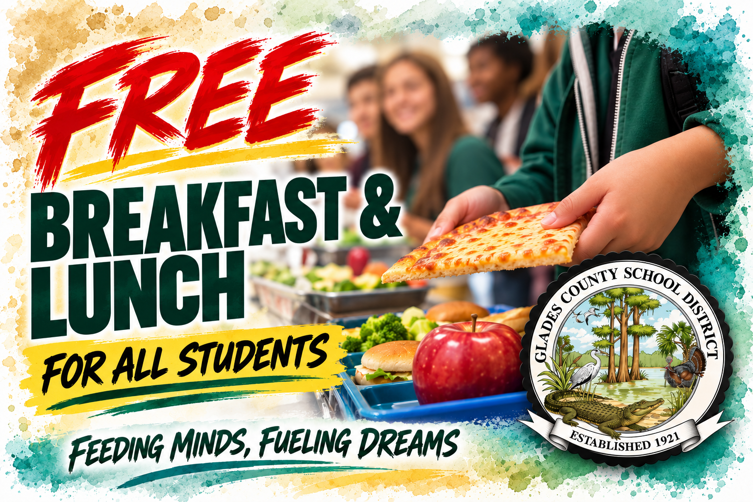 students in line for lunch pictured on a flyer for free lunch and breakfast for all students
