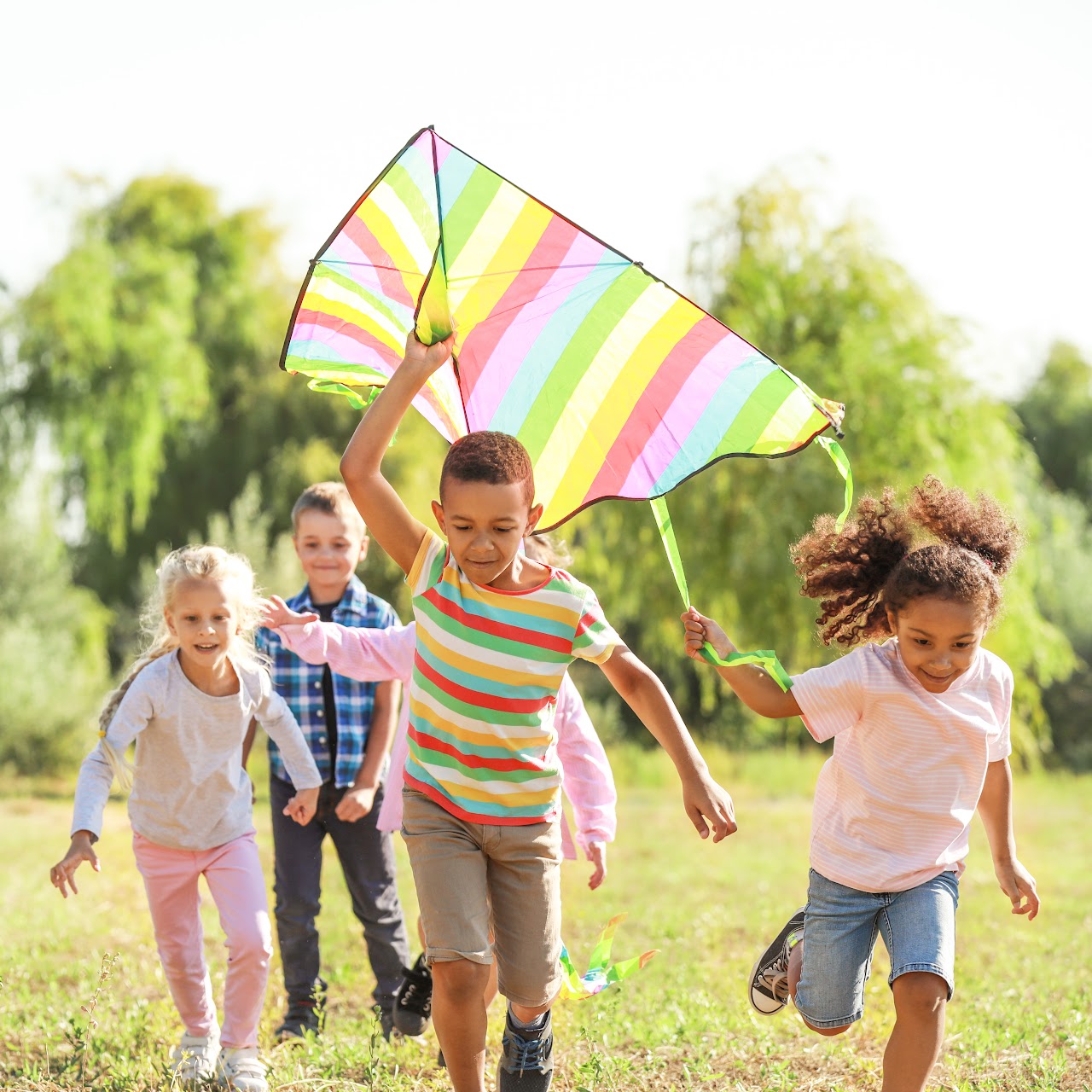 Group of kids playing with a kite outside