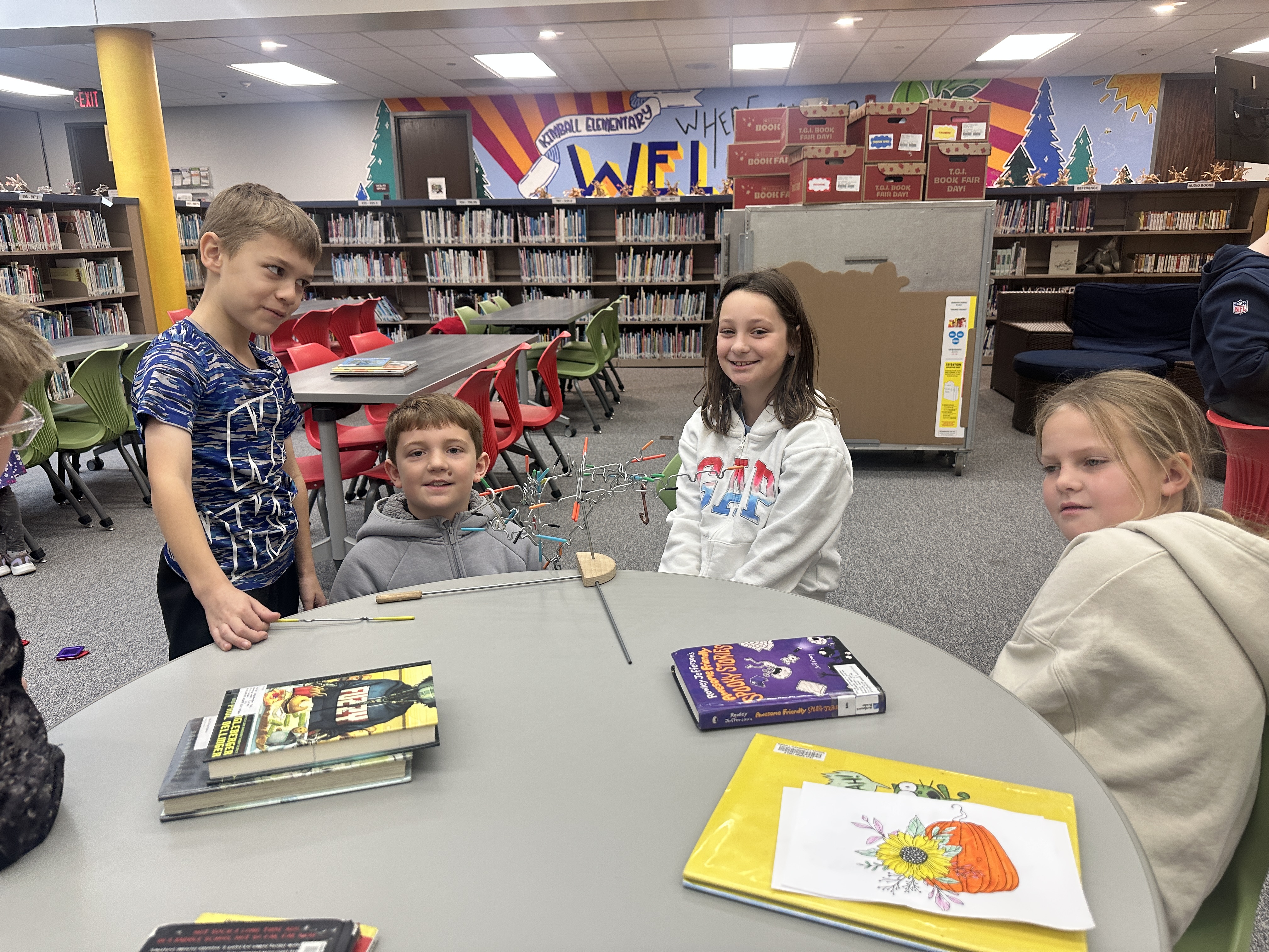 students building in media center