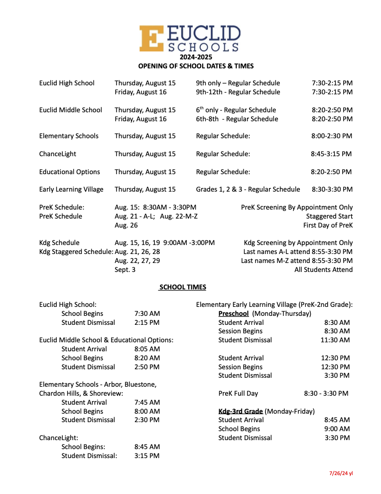 Opening of School Dates & Times