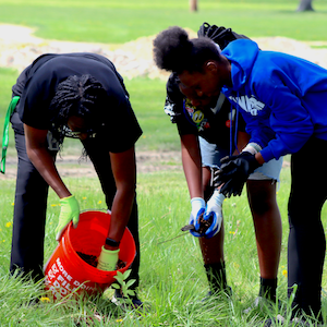 Three EMS students planting a tree.