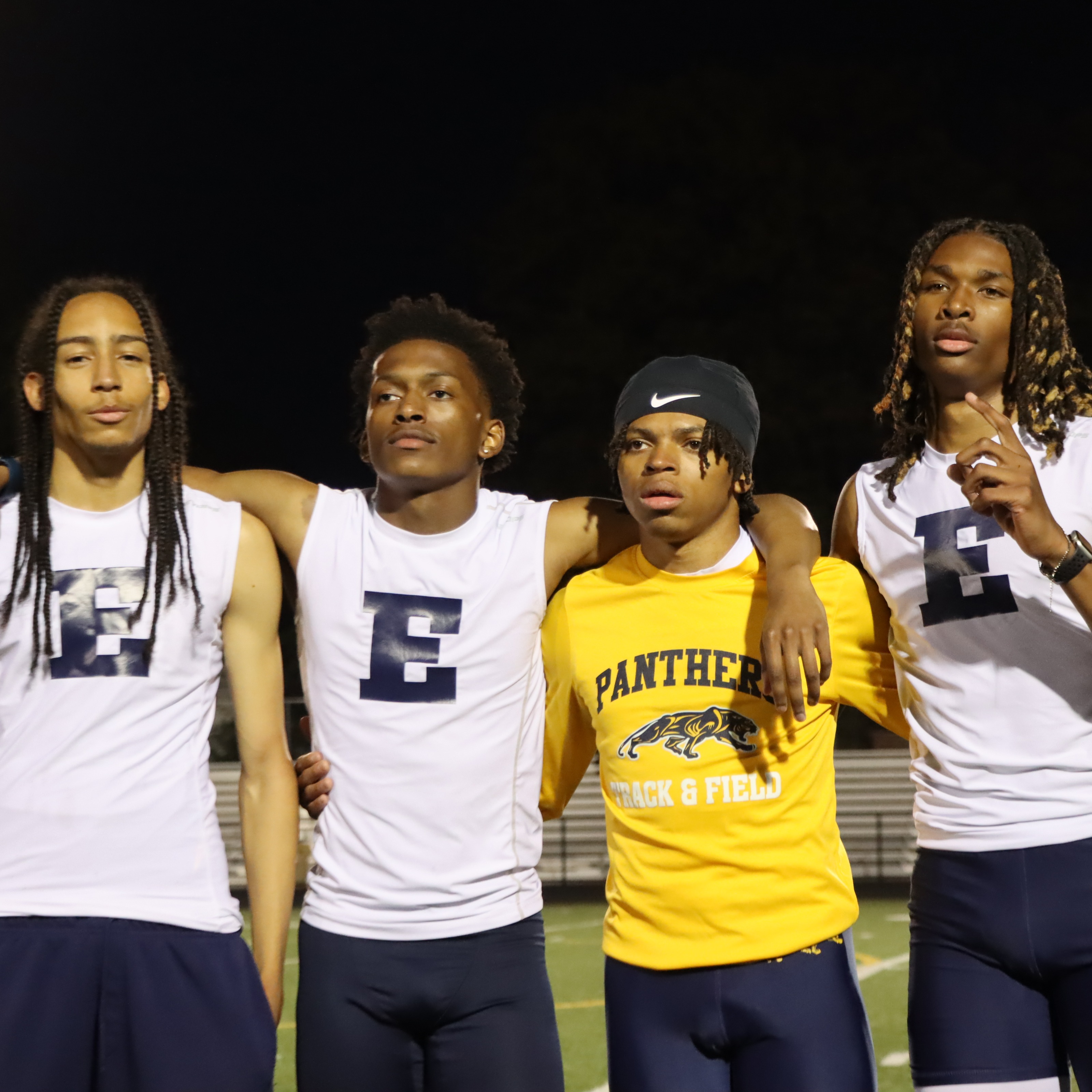 The Boys Euclid Panthers Track 4x400m team posing for a picture after winning their race at Euclid Relays.
