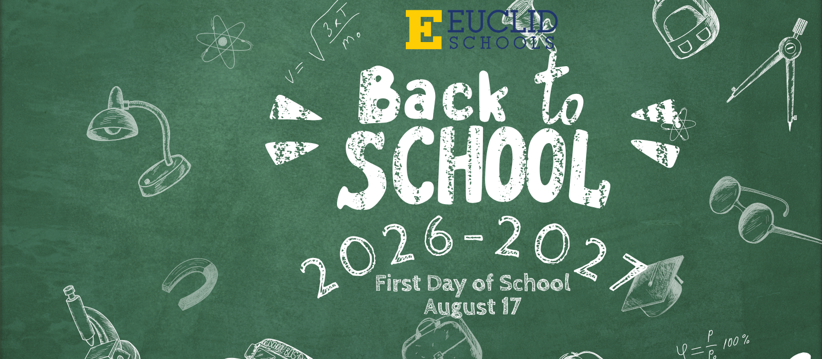 A chalkboard with a "Back to School" message. The years 2026-2023 are displayed. Various school-related icons surround the text.