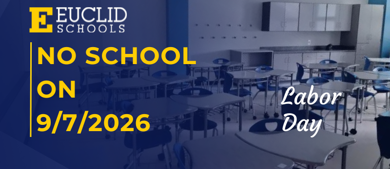 Empty classroom with desks and chairs. "NO SCHOOL ON 9/7/2026 Labor Day" displayed prominently.