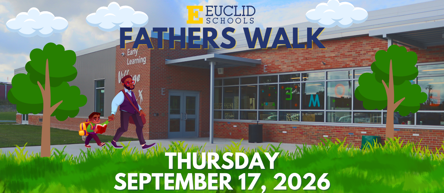 A building with glass windows and a sign reading "Fathers Walk" on top. Two figures, a man and a child, walk in front of it.